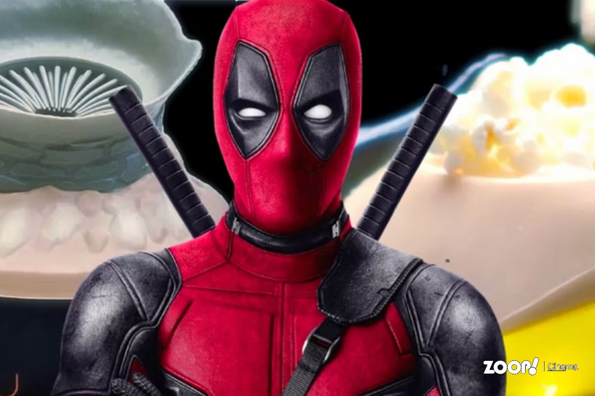 Deadpool entre os dois baldes de pipoca, de Duna 2 e o do seu próprio filme.