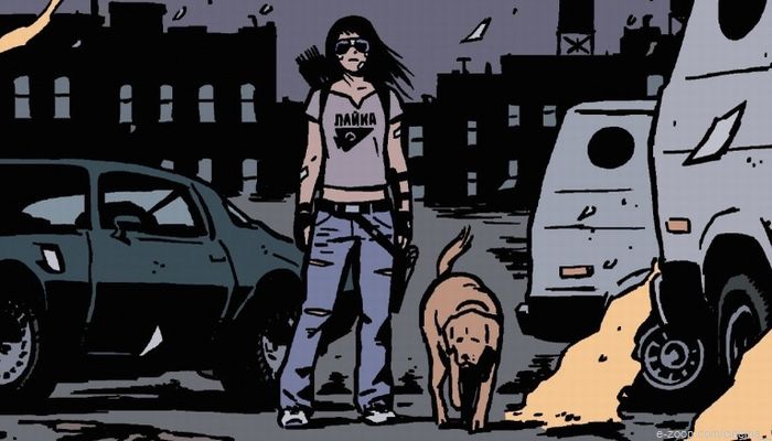 Kate Bishop e seu cachorro numa cena da HQ.